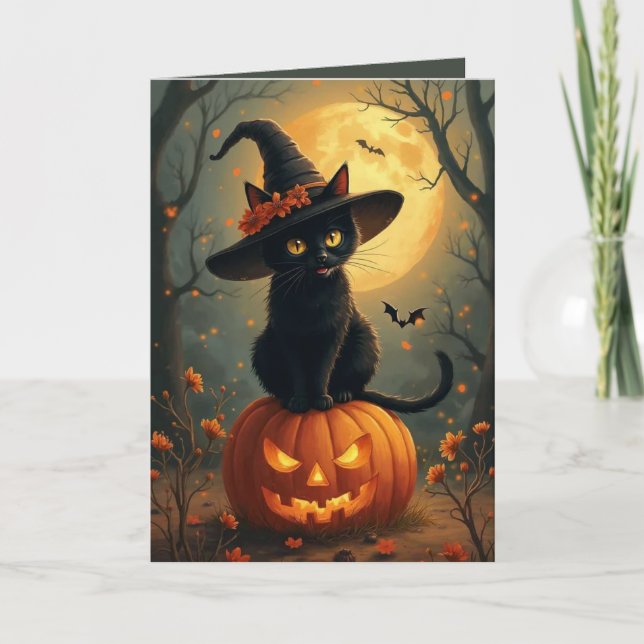 Halloween Hexenkatze auf einem Kürbis Karte (Vorderseite)