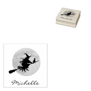 Halloween Hexenkatze, die über einen Vollmond flie Gummistempel