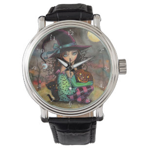 Halloween Hexenkatze Fantasy Kunst Armbanduhr