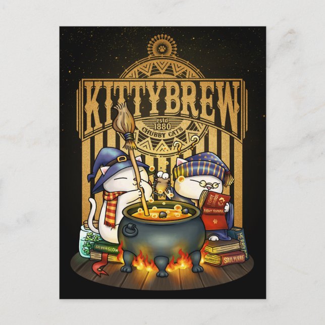 Halloween Hexenkatze Kitty Brew Feiertagspostkarte (Vorderseite)