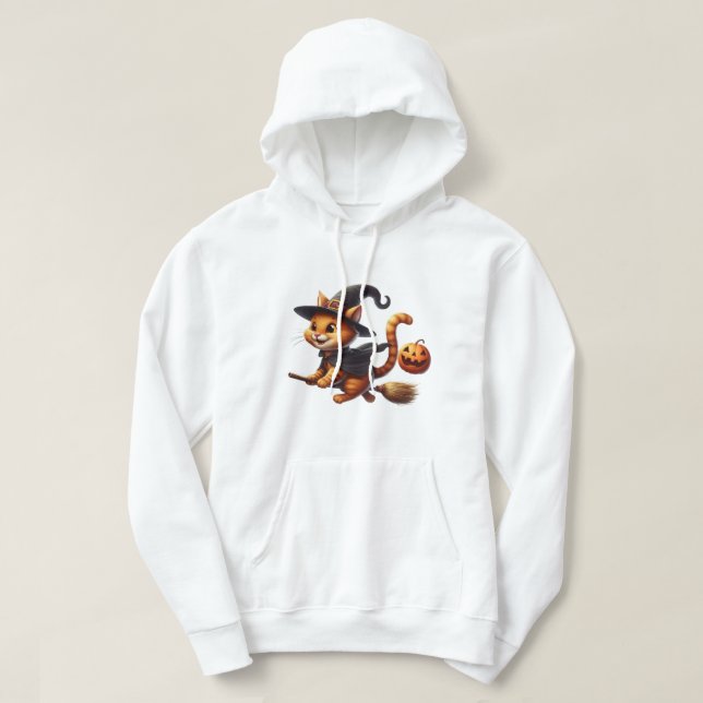 Halloween Hexenkatze Riding Broomstick Pumpkin Hoodie (Design vorne)