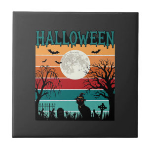 Halloween Hexenkatze Spinnennetz Mond Friedhof_1_1 Fliese