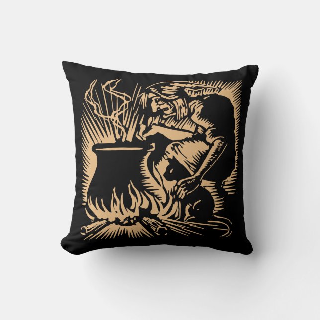 Halloween Hexenkatze und Cauldron Woodcut aus den  Kissen (Vorderseite)