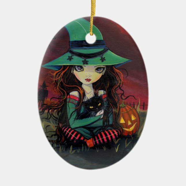 Halloween Hexenkatze und Jack-o-Lantern-Ornament Keramikornament (Vorne)
