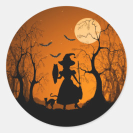 Halloween Hexenkatze und Mond Runder Aufkleber
