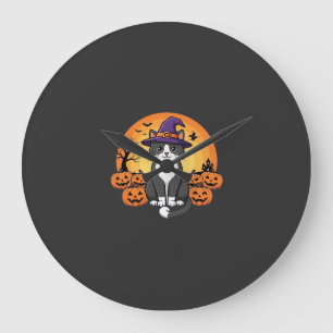 Halloween Hexenkatzen-Kürbis-Mond-Design_1 Große Wanduhr
