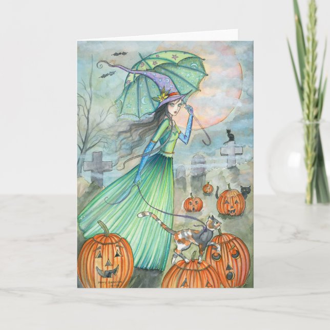 Halloween Hexenkatzenkarte von Molly Harrison Karte (Vorderseite)