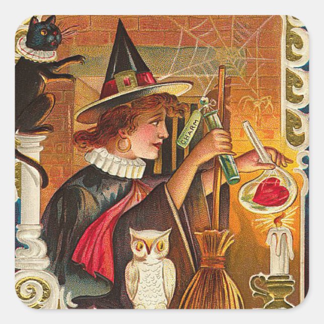 Halloween Hexenkleber - Trick oder Trete Quadratischer Aufkleber (Vorderseite)