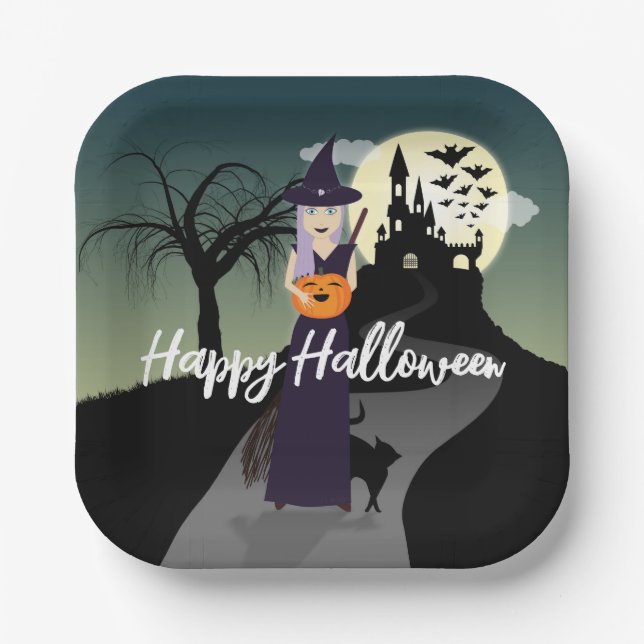 Halloween Hexenkürbis Schwarze Katze Dein Text Pappteller (Vorderseite)