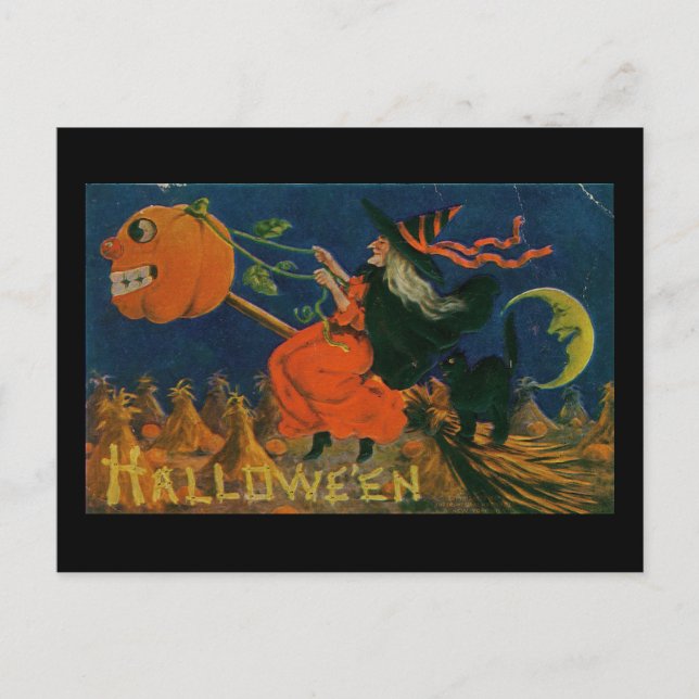 Halloween Hexenkürbis Vintag Postkarte (Vorderseite)
