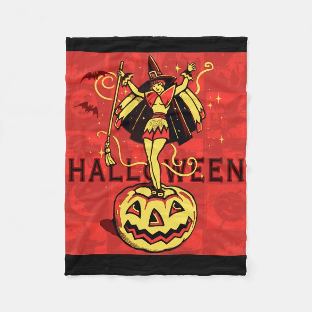 Halloween-Hexenmädchen (vintage) Fleecedecke (Vorderseite)