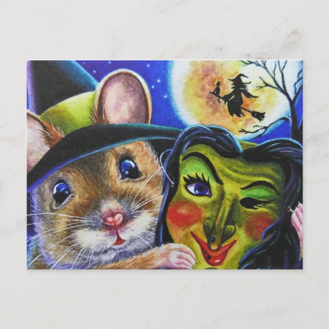 Halloween Hexenmäuse Vintage Maskenbildkunst Postkarte (Vorderseite)