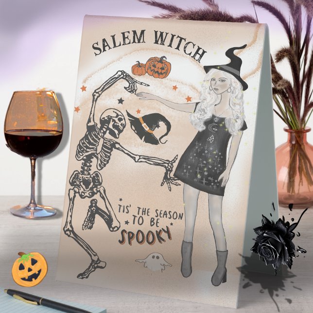 Halloween Hexentanz mit Sceleton Tischaufsteller (Halloween Witch dancing with Sceleton Table Tent Sign)