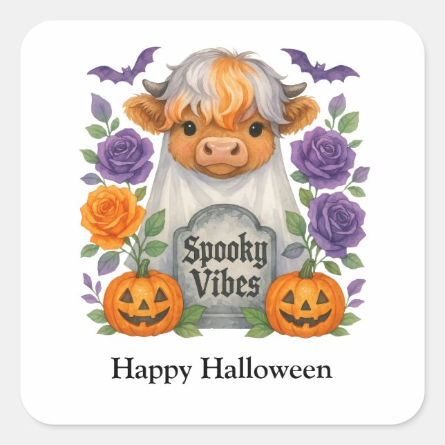 Halloween Highland Cow Ghosts Niedlich Personalisi Quadratischer Aufkleber (Vorderseite)