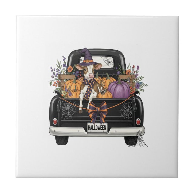 Halloween Highland-Kuh mit Lastwagen Fliese (Vorderseite)