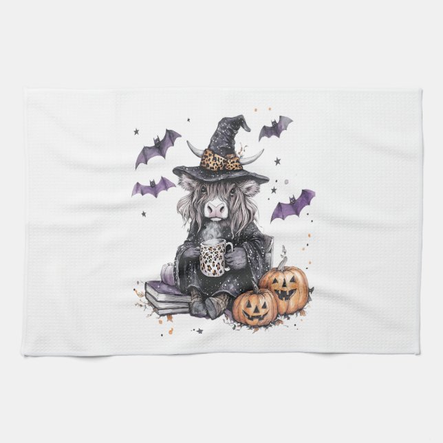 Halloween Highland-Rind Geschirrtuch (Horizontal)