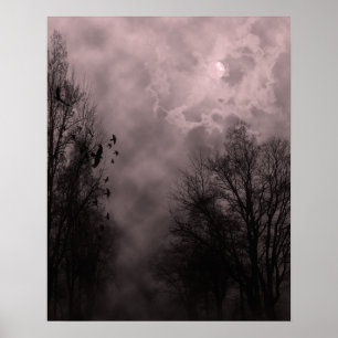 Halloween-Himmel mit Raben Roter Nebel Poster