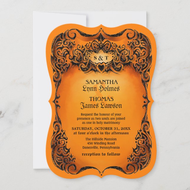 Halloween-Hochzeit laden - Orange - schwarze Einladung (Vorderseite)
