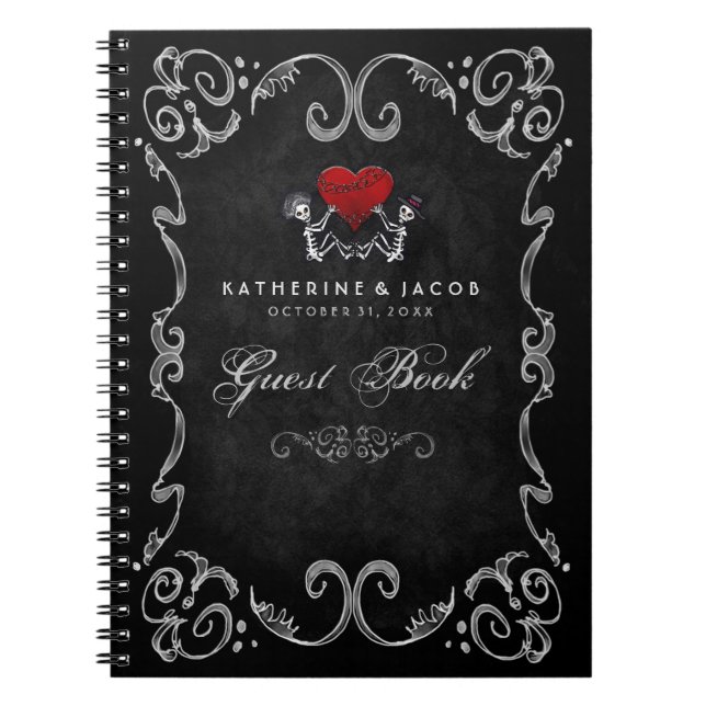 Halloween-Hochzeits-Gast-Buch-Skelette u. rotes Notizblock (Vorderseite)