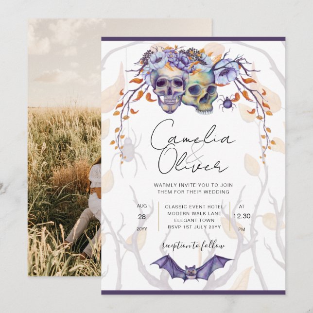 Halloween Hochzeitseinladung Gothic Skulls Lila Einladung (Vorne/Hinten)
