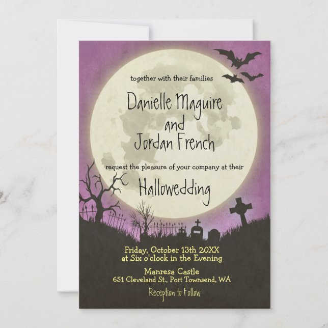 Halloween Hochzeitseinladung lila mit Mond Einladung (Vorderseite)