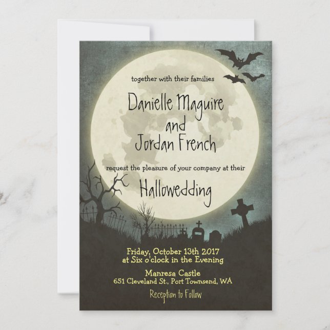 Halloween Hochzeitseinladung mit Mond, Friedhof Einladung (Vorderseite)