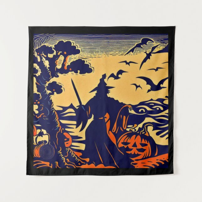 Halloween - Holzschnitt Stil 5 Wandteppich (Vorderseite)
