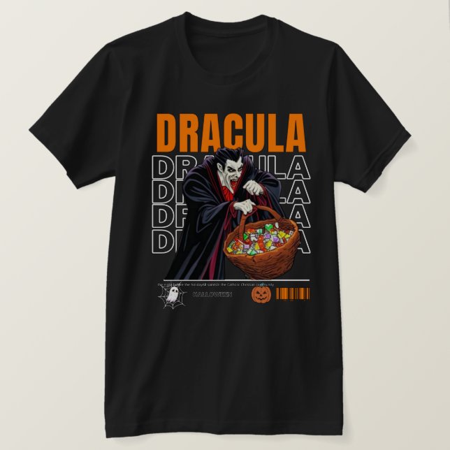 Halloween Horror 2024, Dracula sammelt Süßigkeiten T-Shirt (Design vorne)