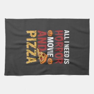 Halloween-Horrorfilm- und Pizza-Typografie Geschirrtuch