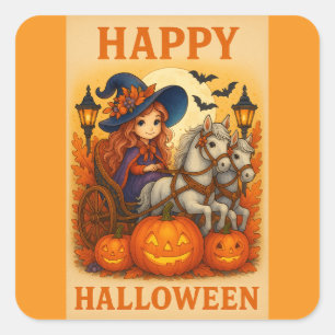Halloween Horse and Carriage Niedlich Hexenkleber Quadratischer Aufkleber