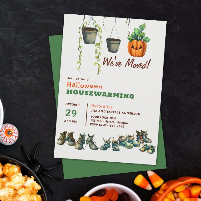 Halloween House Erwärmung Monster Shows Pflanze Fu Einladung (Halloween housewarming family party invitation cute fun funny gremlin shoes hanging plants elegant)