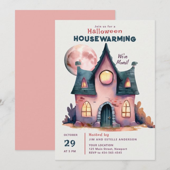 Halloween House Erwärmung New Family Zuhause Pink  Einladung (Vorne/Hinten)