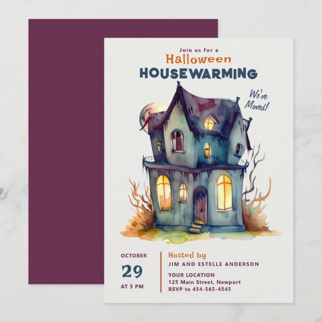 Halloween House Erwärmung Spuk Zuhause Watercolor Einladung (Vorne/Hinten)