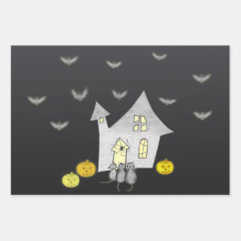 Halloween House, Schwarze Katzen, Fledermäuse, Kür Geschenkpapier Set
