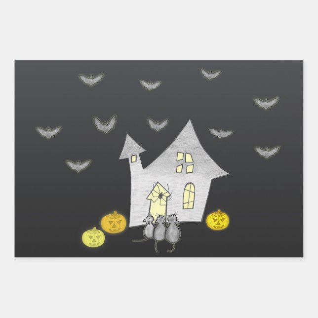 Halloween House, Schwarze Katzen, Fledermäuse, Kür Geschenkpapier Set (Vorderseite)