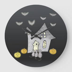 Halloween House, Schwarze Katzen, Fledermäuse, Kür Große Wanduhr