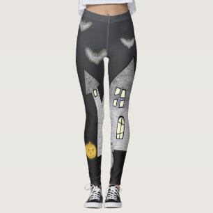 Halloween House, Schwarze Katzen, Fledermäuse, Kür Leggings