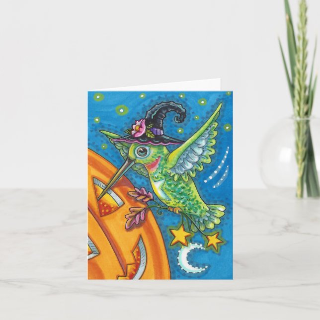 HALLOWEEN HUMMINGBIRD, KÜRBISLATERNE WHIMSY Blank Karte (Vorderseite)