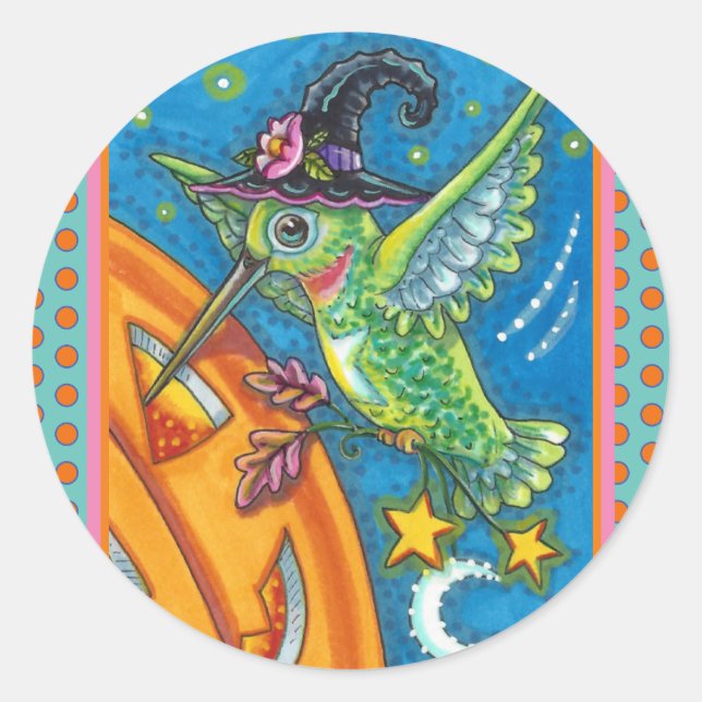 HALLOWEEN HUMMINGBIRD & KÜRBISLATERNE WHIMSY CLAS RUNDER AUFKLEBER (Vorderseite)