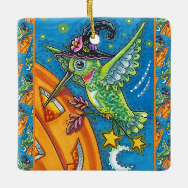 HALLOWEEN HUMMINGBIRD & KÜRBISLATERNE WHIMSY KERAMIKORNAMENT (Vorderseite)