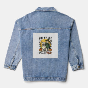 Halloween-Hund-Hexe-Shirt Vintage-Engraving Hausti Jeansjacke