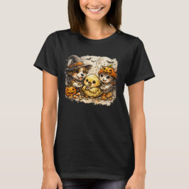 Halloween-Hund und -Katze füttern eine Baby-Vogel- T-Shirt