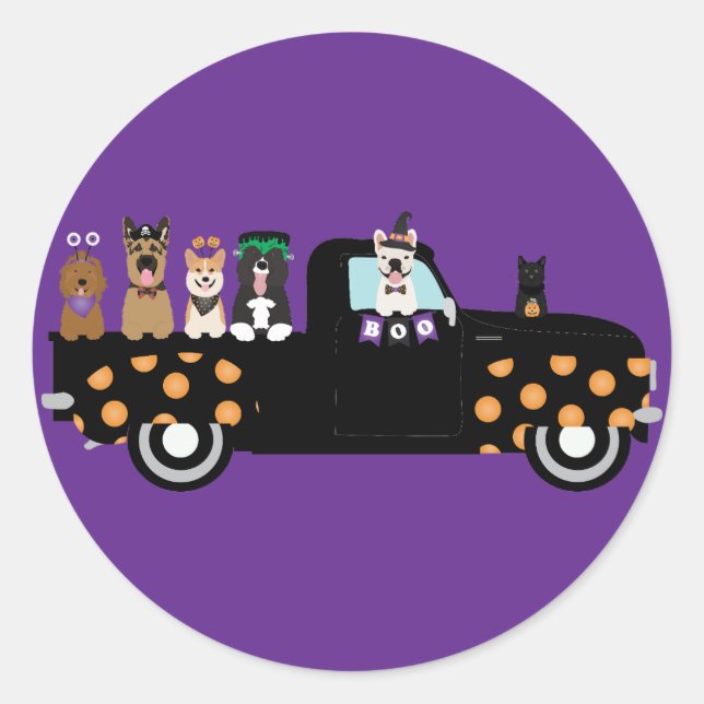 Halloween-Hunde in einem Lieferwagen Runder Aufkleber (Vorderseite)