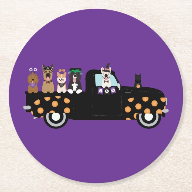Halloween-Hunde in einem Lieferwagen Runder Pappuntersetzer (Vorderseite)