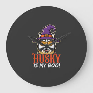 Halloween Husky ist mein Boo Hexenhut Große Wanduhr