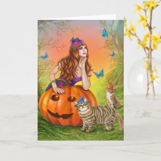 Halloween Illustration Eine schöne Hexe mit Katzen Karte (Gelbe Blume)