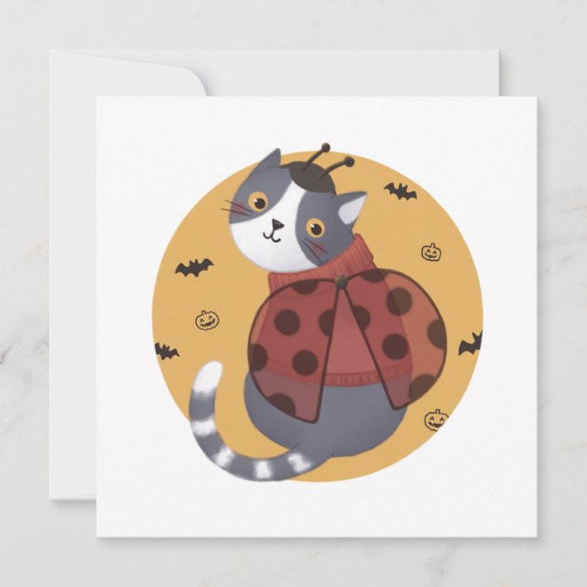 Halloween Illustration: Ladybug Cat Einladung (Vorderseite)