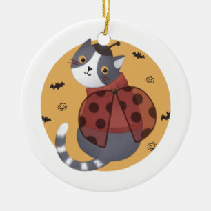 Halloween Illustration: Ladybug Cat Keramik Ornament