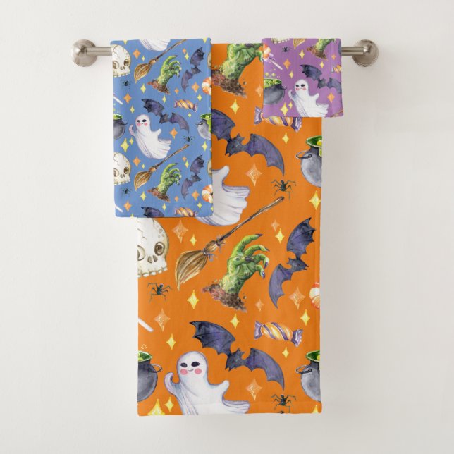 Halloween illustriert with pumpkin, ghost and bat badhandtuch set (Insitu)