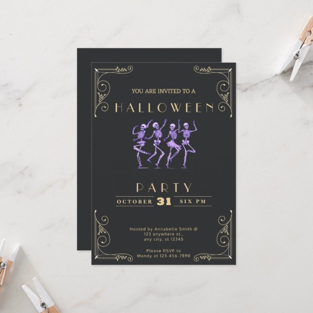 Halloween im Chalkboard Black & Gold Lila Skelette Einladung (Vorderseite/Rückseite Beispiel)